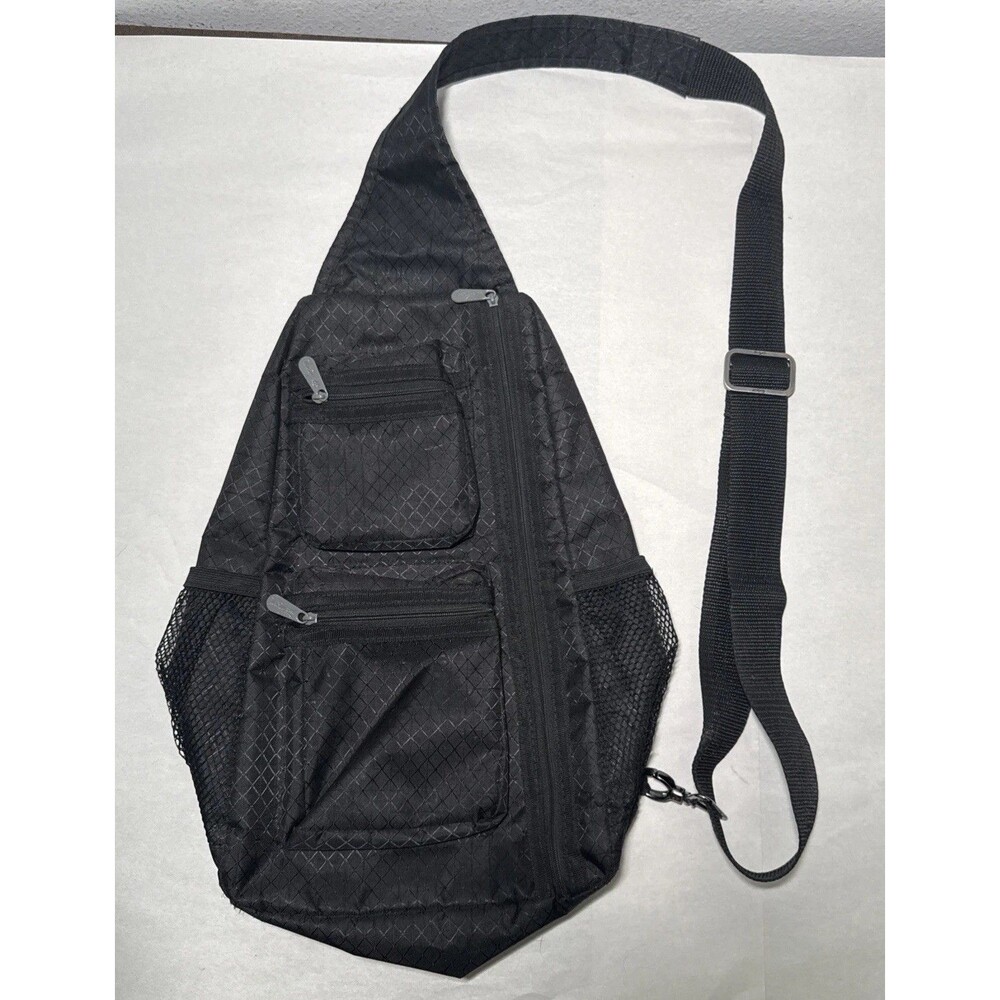 Thirty-One Sling Back Backpack Black Geometric Crossbody Bag Front Pockets